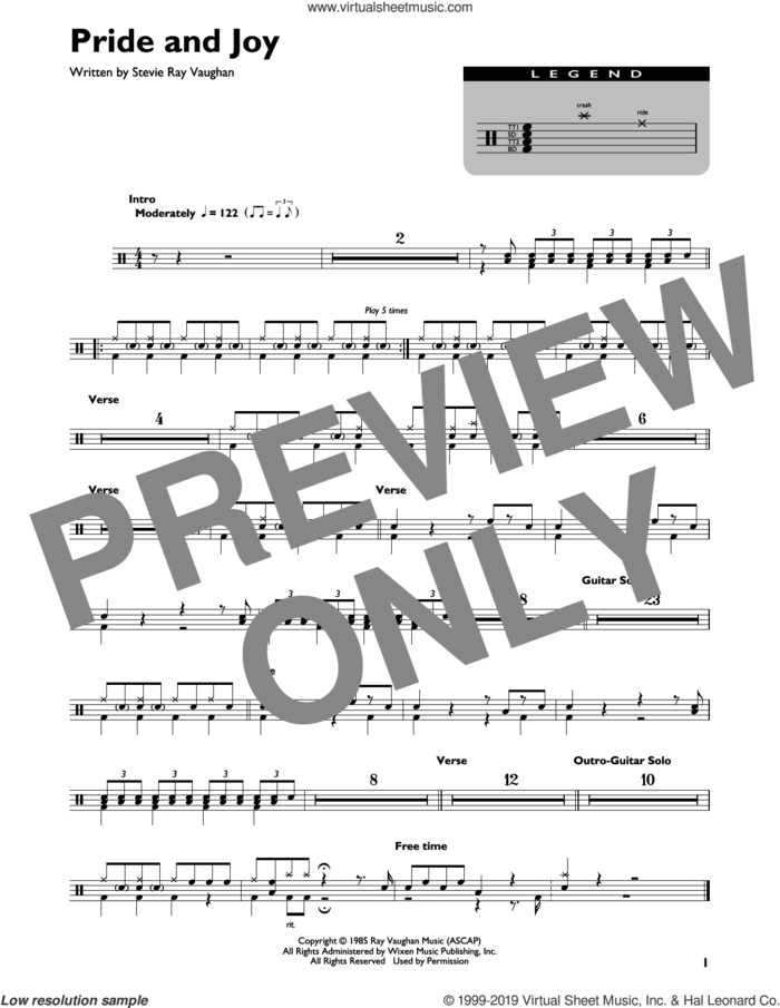 Pride And Joy sheet music for drums (percussions) by Stevie Ray Vaughan, intermediate skill level