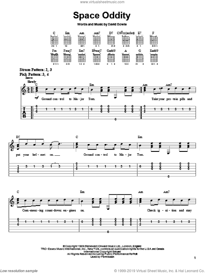 Space Oddity, (easy) sheet music for guitar solo (chords) by David Bowie, easy guitar (chords)