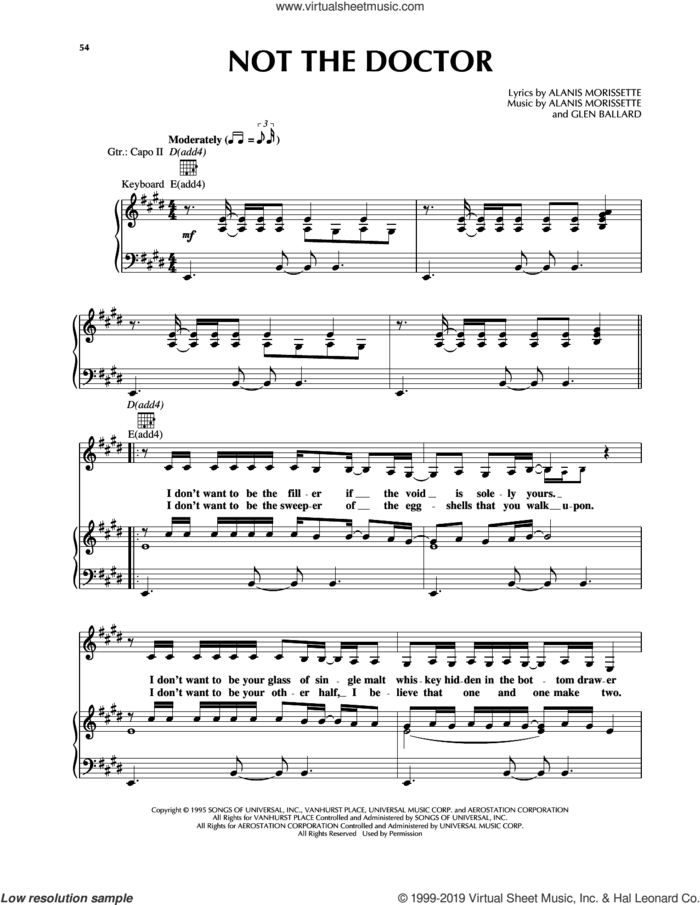 Not The Doctor sheet music for voice, piano or guitar by Alanis Morissette and Glen Ballard, intermediate skill level