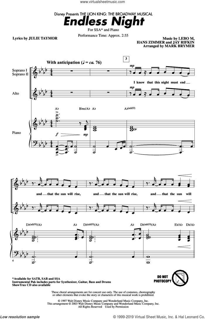 Endless Night (from The Lion King: Broadway Musical) (arr. Mark Brymer) sheet music for choir (SSA: soprano, alto) by Hans Zimmer, Mark Brymer, Jay Rifkin, Julie Taymor, Lebo M. and Lebo M., Hans Zimmer, Jay Rifkin and Julie Taymor, intermediate skill level