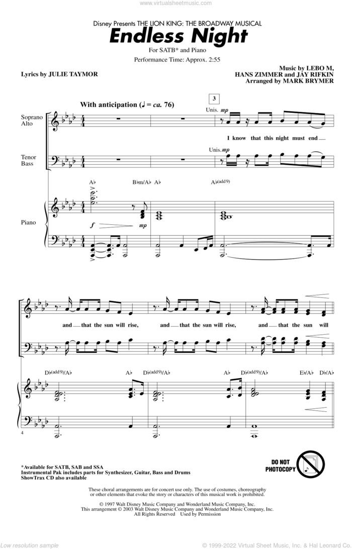 Endless Night (from The Lion King: Broadway Musical) (arr. Mark Brymer) sheet music for choir (SATB: soprano, alto, tenor, bass) by Hans Zimmer, Mark Brymer, Jay Rifkin, Julie Taymor, Lebo M. and Lebo M., Hans Zimmer, Jay Rifkin and Julie Taymor, intermediate skill level