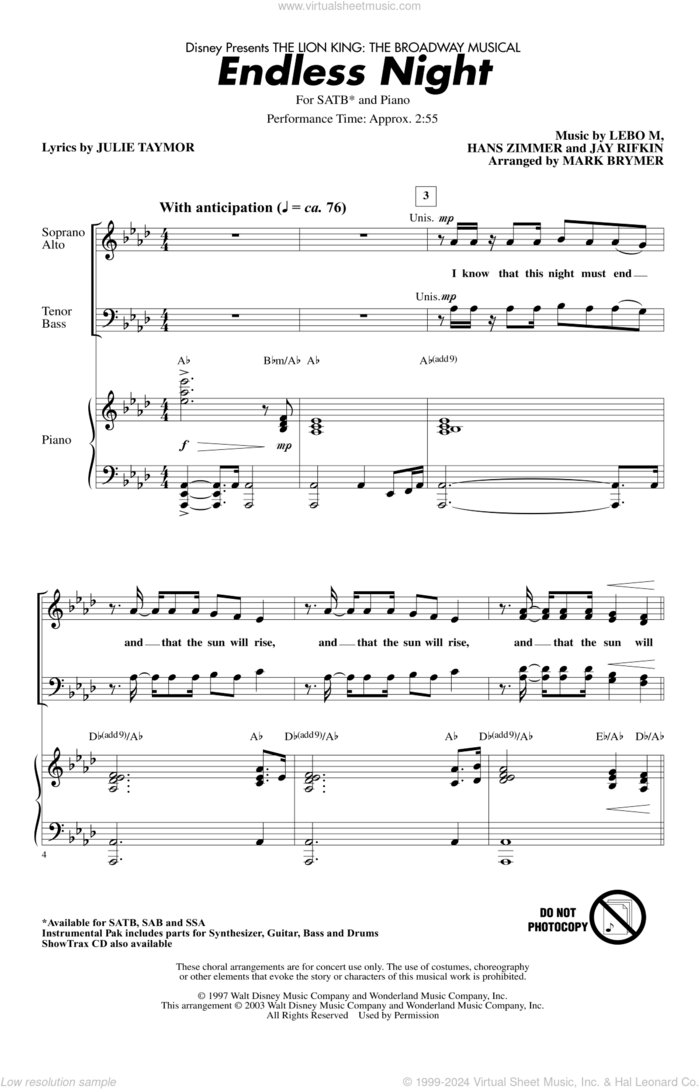 Endless Night (from The Lion King: Broadway Musical) (arr. Mark Brymer) sheet music for choir (SATB: soprano, alto, tenor, bass) by Hans Zimmer, Mark Brymer, Jay Rifkin, Julie Taymor, Lebo M. and Lebo M., Hans Zimmer, Jay Rifkin and Julie Taymor, intermediate skill level