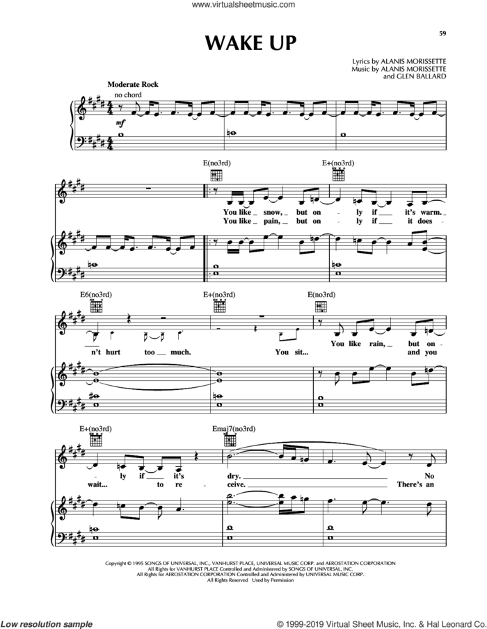 Wake Up sheet music for voice, piano or guitar by Alanis Morissette and Glen Ballard, intermediate skill level