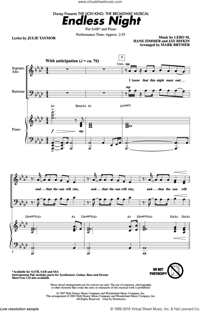 Endless Night (from The Lion King: Broadway Musical) (arr. Mark Brymer) sheet music for choir (SAB: soprano, alto, bass) by Hans Zimmer, Mark Brymer, Jay Rifkin, Julie Taymor, Lebo M. and Lebo M., Hans Zimmer, Jay Rifkin and Julie Taymor, intermediate skill level