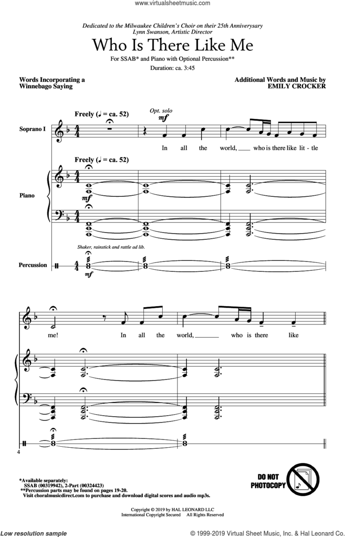 Who Is There Like Me sheet music for choir (SSAB) by Emily Crocker and Winnebago Saying, intermediate skill level