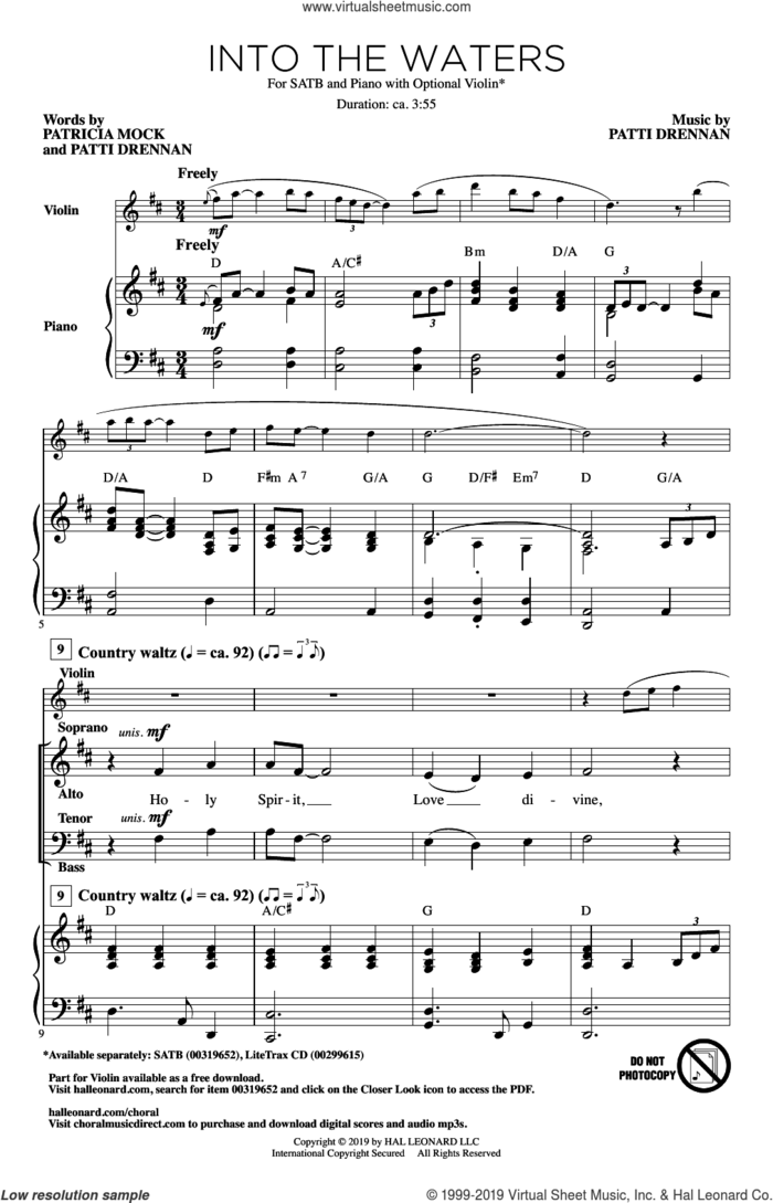 Into The Waters sheet music for choir (SATB: soprano, alto, tenor, bass) by Patti Drennan, Patricia Mock and Patricia Mock and Patti Drennan, intermediate skill level