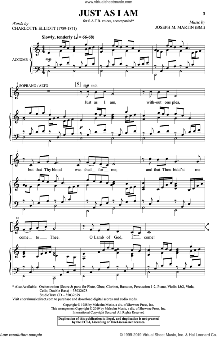 Just As I Am sheet music for choir (SATB: soprano, alto, tenor, bass) by Joseph M. Martin, Charlotte Elliott and Charlotte Elliott and Joseph M. Martin, intermediate skill level