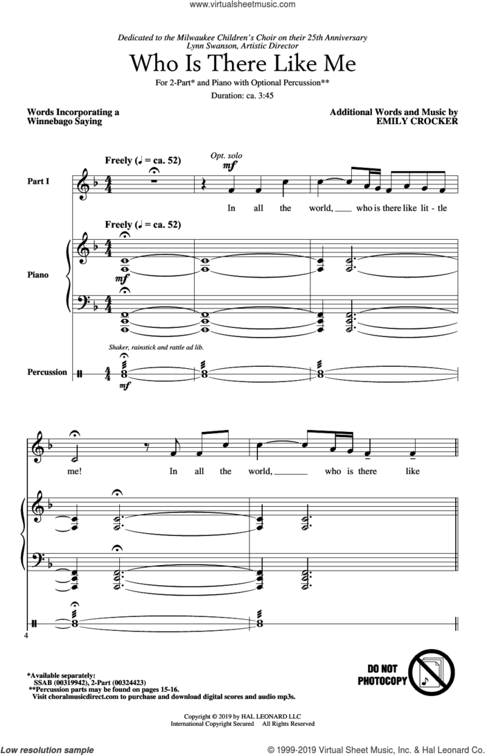 Who Is There Like Me sheet music for choir (2-Part) by Emily Crocker and Winnebago Saying, intermediate duet