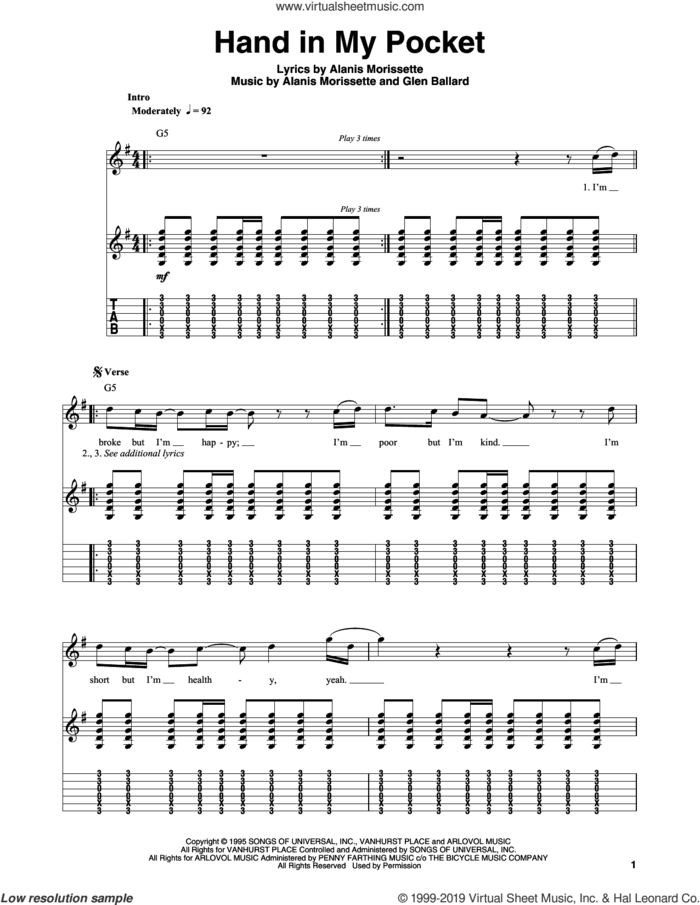 Hand In My Pocket sheet music for guitar (tablature, play-along) by Alanis Morissette and Glen Ballard, intermediate skill level