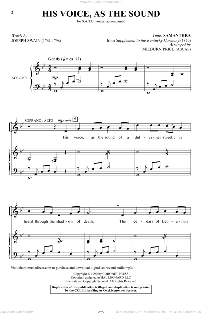 His Voice As The Sound (arr. Milburn Price) sheet music for choir (SATB: soprano, alto, tenor, bass) by Joseph Swain and Milburn Price, intermediate skill level