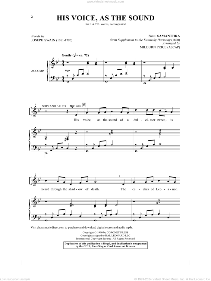 His Voice As The Sound (arr. Milburn Price) sheet music for choir (SATB: soprano, alto, tenor, bass) by Joseph Swain and Milburn Price, intermediate skill level