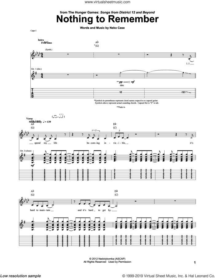 Nothing To Remember (from The Hunger Games) sheet music for guitar (tablature) by Neko Case, intermediate skill level