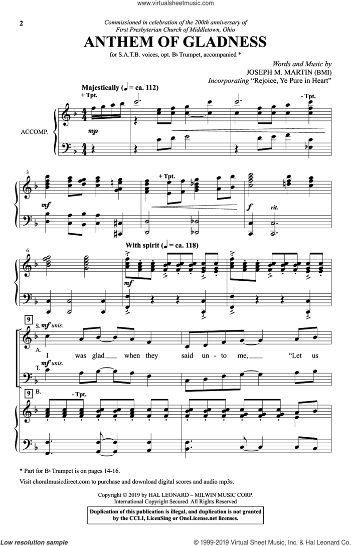 Anthem Of Gladness sheet music for choir (SATB: soprano, alto, tenor, bass) by Joseph M. Martin and Arthur H. Messiter, intermediate skill level