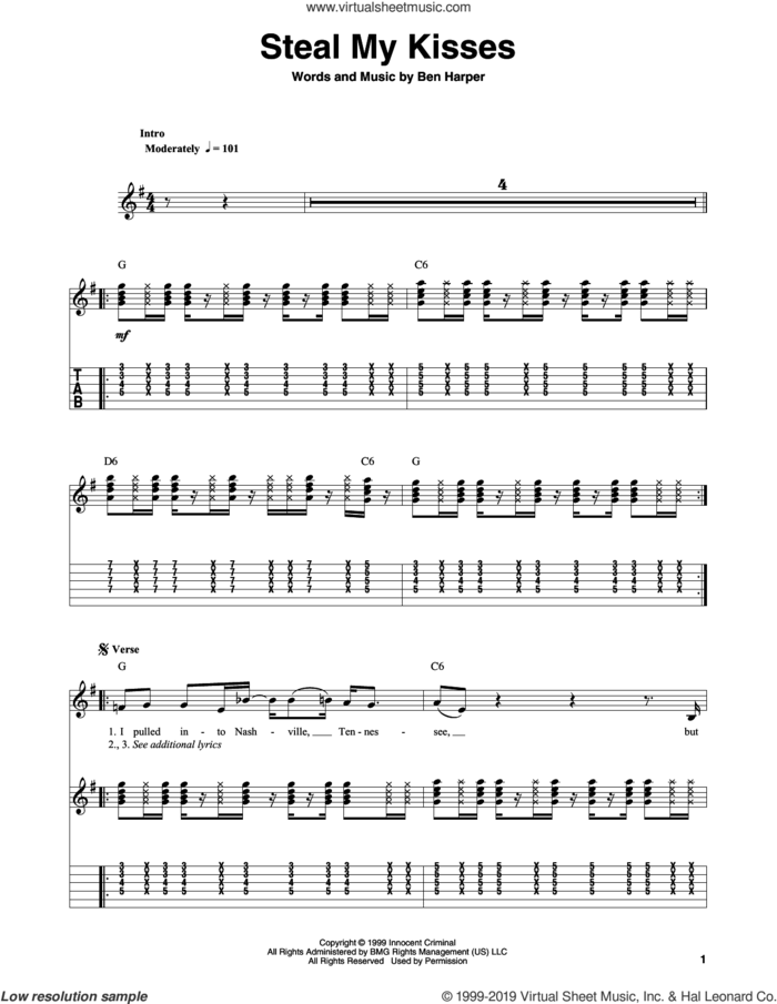 Steal My Kisses sheet music for guitar (tablature, play-along) by Ben Harper And The Innocent Criminals and Ben Harper, intermediate skill level