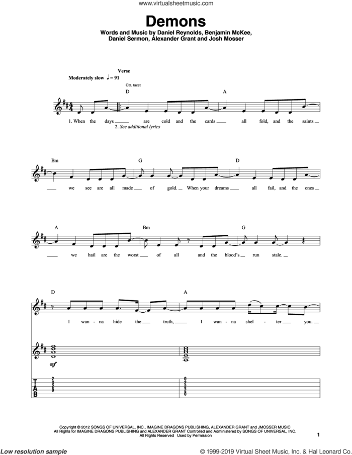 Demons sheet music for guitar (tablature, play-along) by Imagine Dragons, Alexander Grant, Benjamin McKee, Daniel Reynolds, Daniel Sermon and Josh Mosser, intermediate skill level