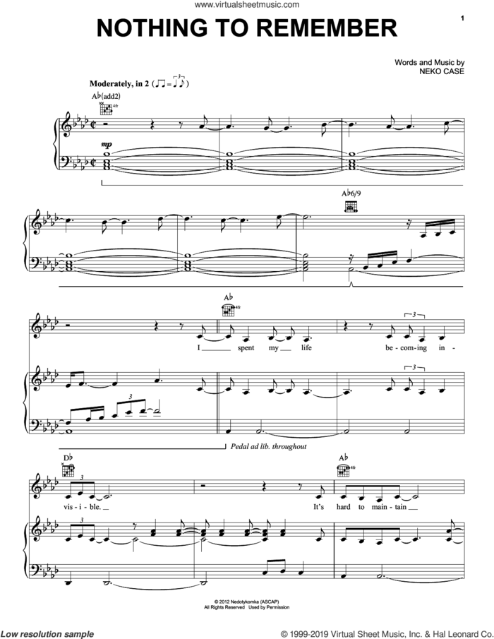 Nothing To Remember (from The Hunger Games) sheet music for voice, piano or guitar by Neko Case, intermediate skill level