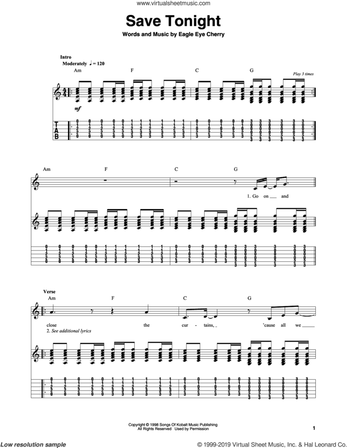 Save Tonight sheet music for guitar (tablature, play-along) by Eagle-Eye Cherry, intermediate skill level