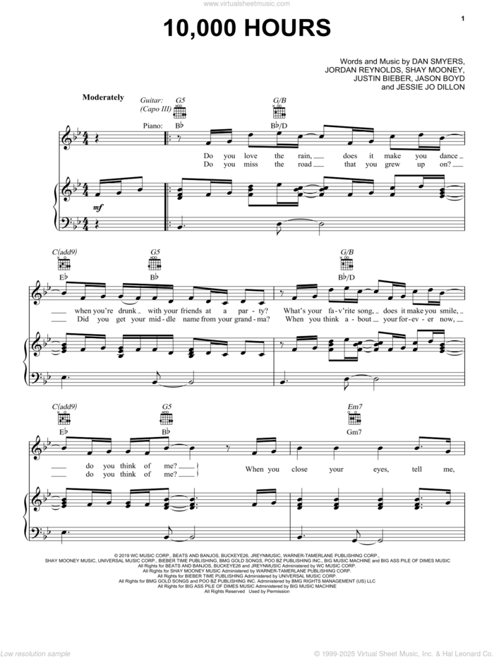 10,000 Hours sheet music for voice, piano or guitar by Dan + Shay & Justin Bieber, Dan Smyers, Jason Boyd, Jessie Jo Dillon, Jordan Reynolds, Justin Bieber and Shay Mooney, intermediate skill level