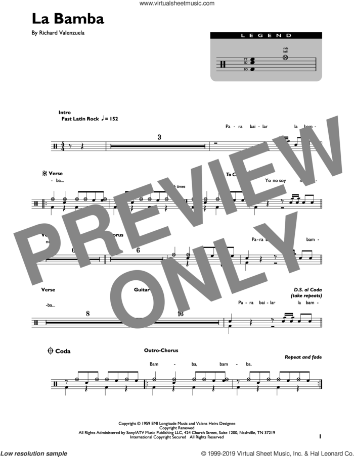 La Bamba sheet music for drums (percussions) by Ritchie Valens and Richard Valenzuela, intermediate skill level