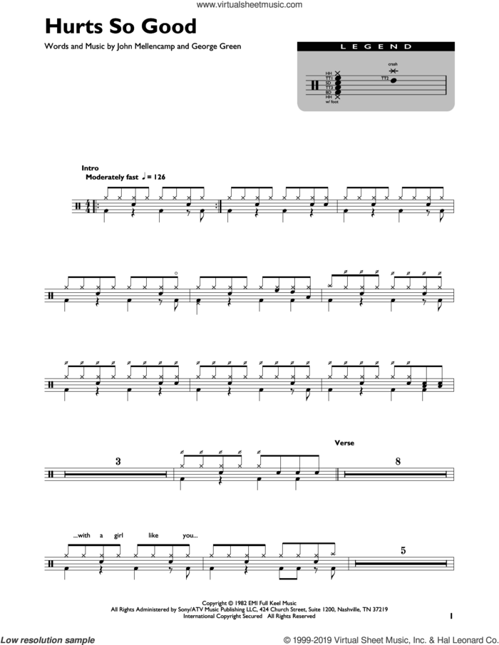 Hurts So Good sheet music for drums (percussions) by John Mellencamp and George Green, intermediate skill level