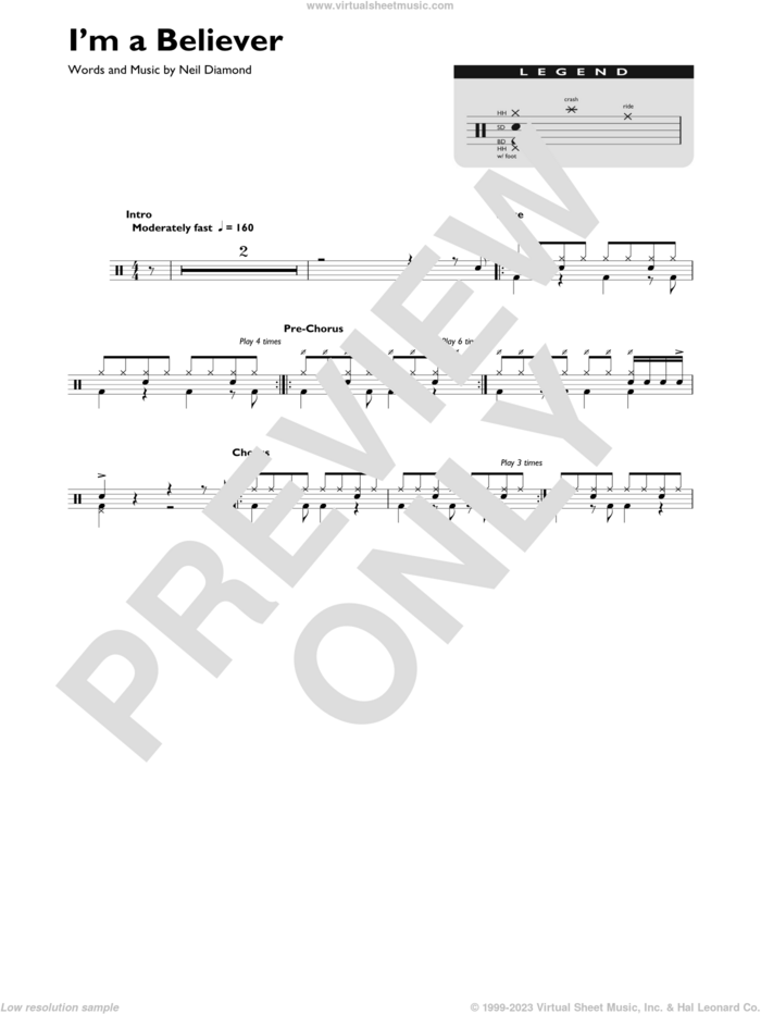I'm A Believer sheet music for drums (percussions) by The Monkees and Neil Diamond, intermediate skill level