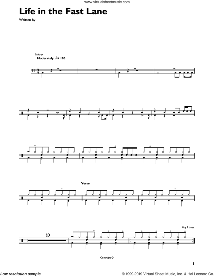 Life In The Fast Lane sheet music for drums (percussions) by Don Henley, The Eagles, Glenn Frey and Joe Walsh, intermediate skill level