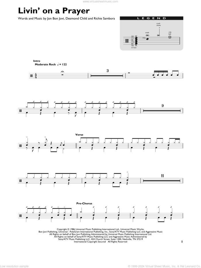 Livin' On A Prayer sheet music for drums (percussions) by Bon Jovi, Desmond Child and Richie Sambora, intermediate skill level