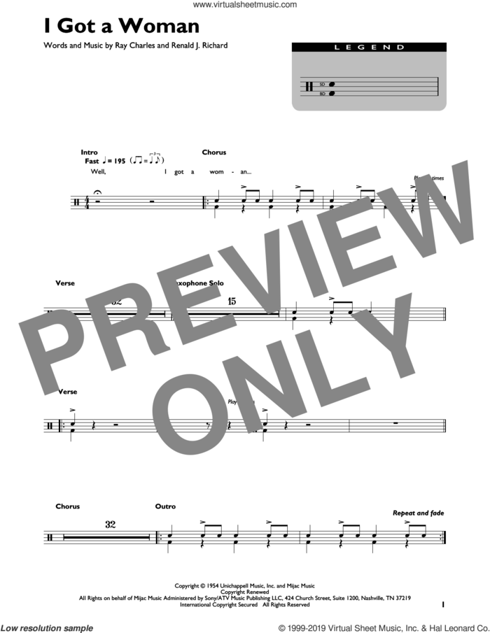 I Got A Woman sheet music for drums (percussions) by Ray Charles and Renald J. Richard, intermediate skill level