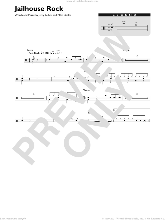 Jailhouse Rock sheet music for drums (percussions) by Elvis Presley, Jerry Leiber and Mike Stoller, intermediate skill level