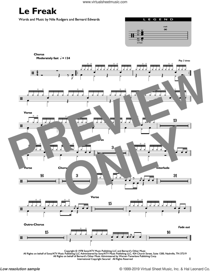 Le Freak sheet music for drums (percussions) by Chic, Bernard Edwards and Nile Rodgers, intermediate skill level