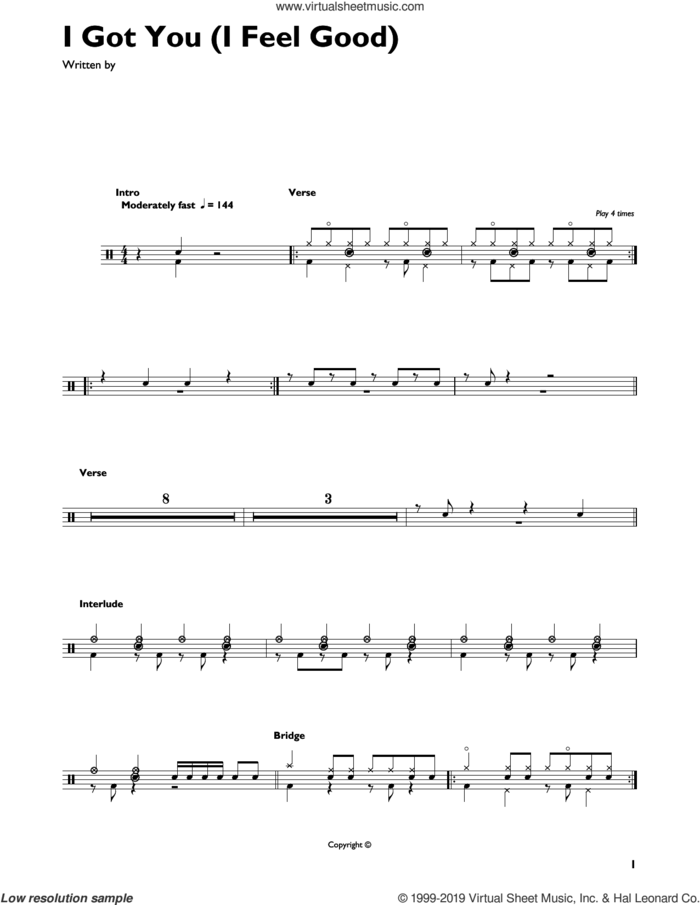 I Got You (I Feel Good) sheet music for drums (percussions) by James Brown, intermediate skill level