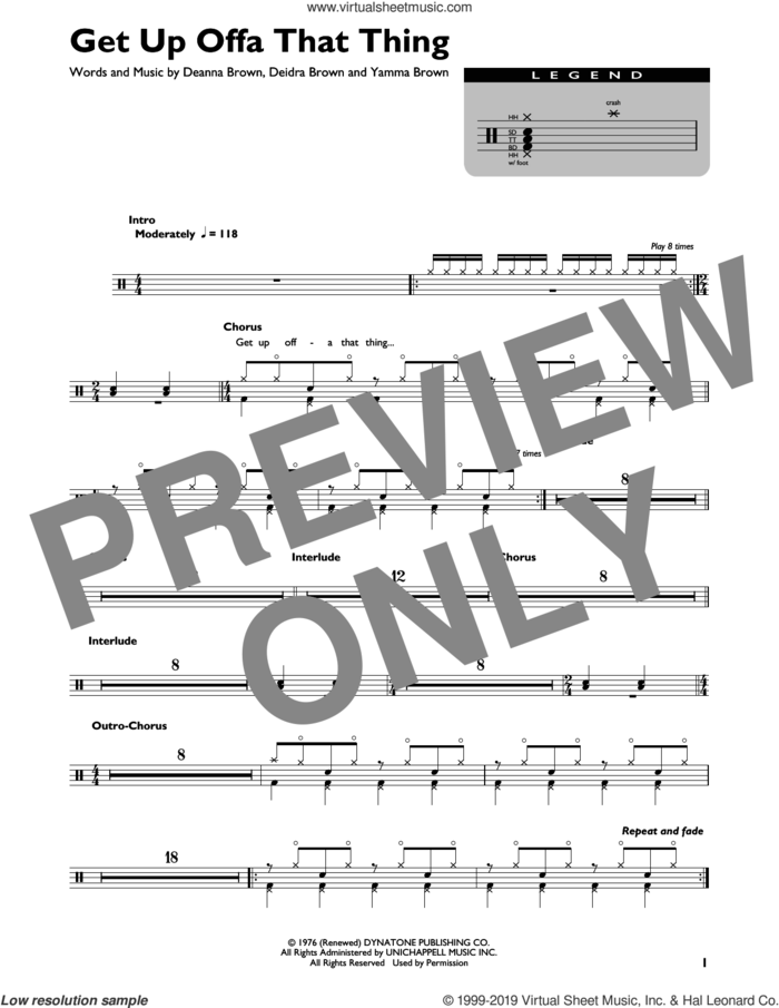 Get Up Offa That Thing sheet music for drums (percussions) by James Brown, Deanna Brown, Deidra Brown and Yamma Brown, intermediate skill level