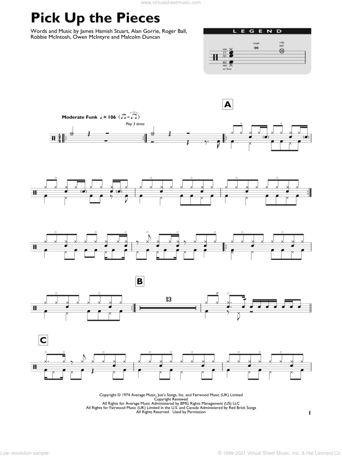 Pick Up The Pieces sheet music for drums (percussions) by Average White Band, Alan Gorrie, James Hamish Stuart, Malcolm Duncan, Owen McIntyre, Robbie McIntosh and Roger Ball, intermediate skill level