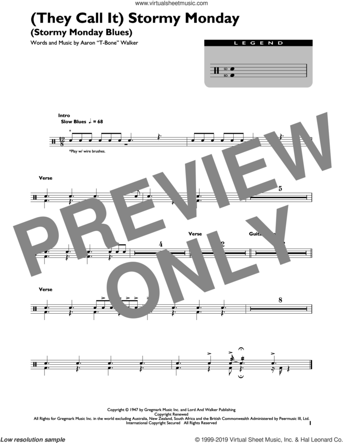 (They Call It) Stormy Monday (Stormy Monday Blues) sheet music for drums (percussions) by Aaron 'T-Bone' Walker, intermediate skill level