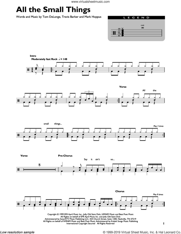 All The Small Things sheet music for drums (percussions) by Blink 182, Mark Hoppus, Tom DeLonge and Travis Barker, intermediate skill level