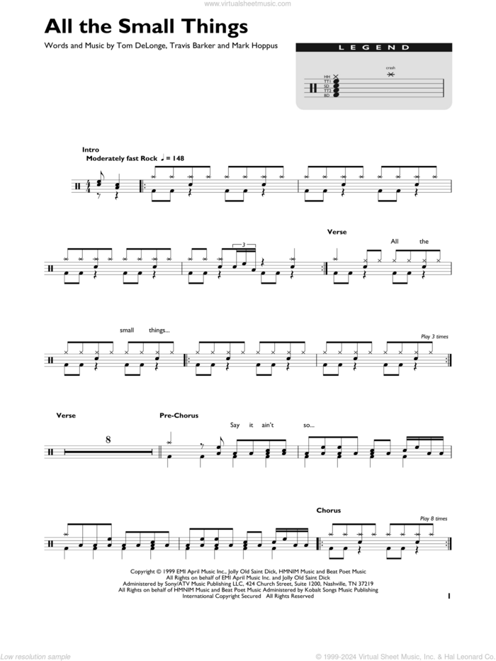 All The Small Things sheet music for drums (percussions) by Blink 182, Mark Hoppus, Tom DeLonge and Travis Barker, intermediate skill level