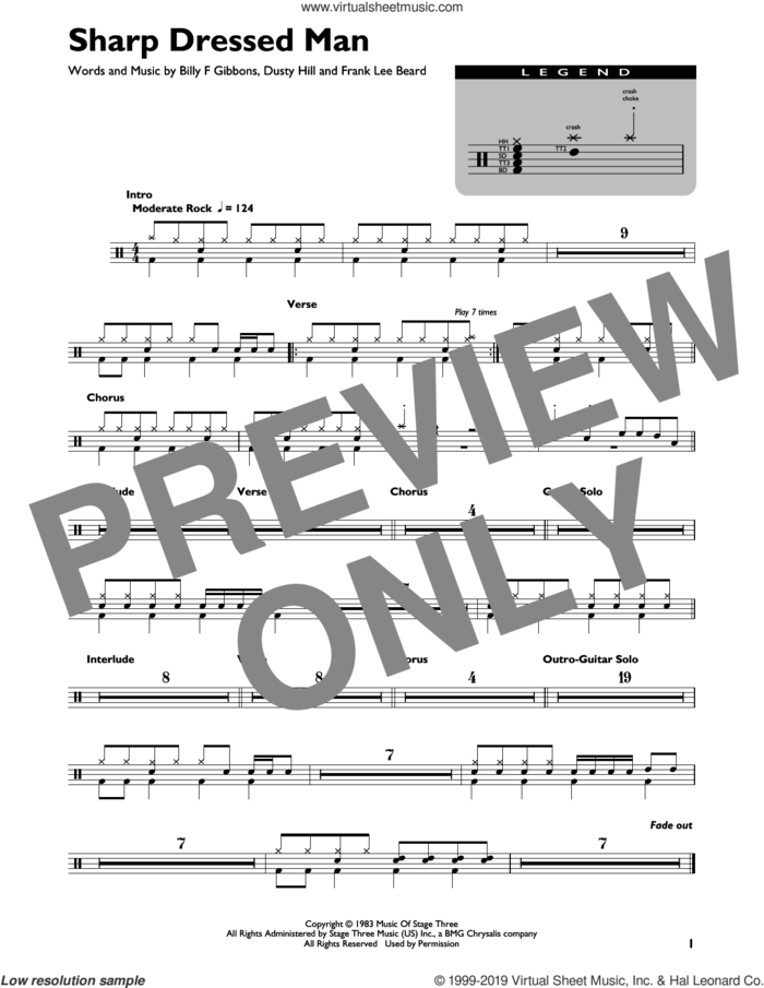 Sharp Dressed Man sheet music for drums (percussions) by ZZ Top, Billy Gibbons, Dusty Hill and Frank Beard, intermediate skill level