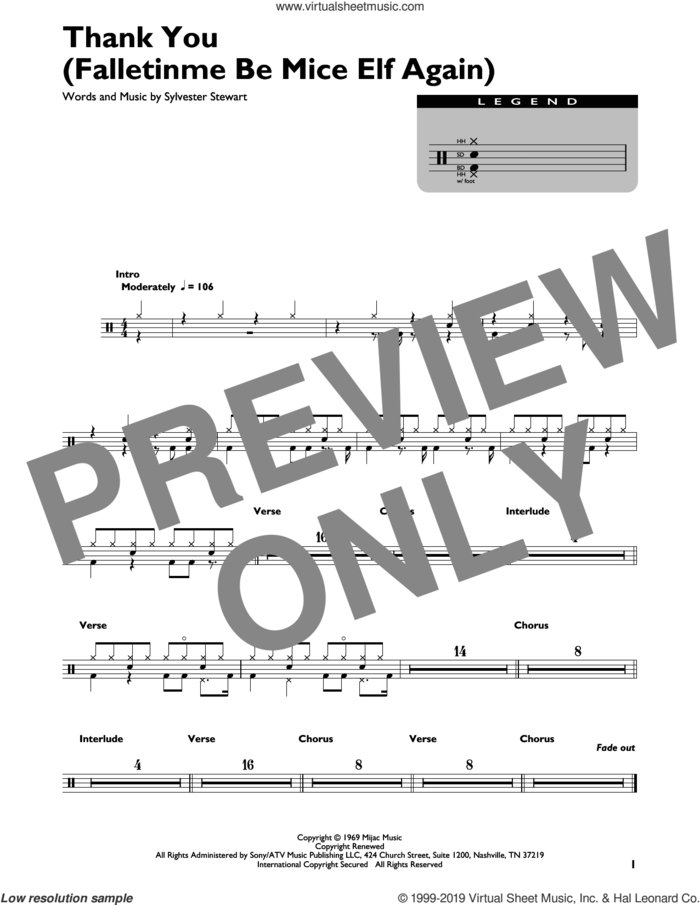 Thank You (Falletinme Be Mice Elf Again) sheet music for drums (percussions) by Sly & The Family Stone and Sylvester Stewart, intermediate skill level
