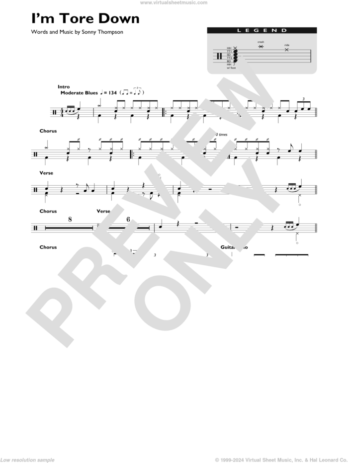 I'm Tore Down sheet music for drums (percussions) by Eric Clapton and Sonny Thompson, intermediate skill level