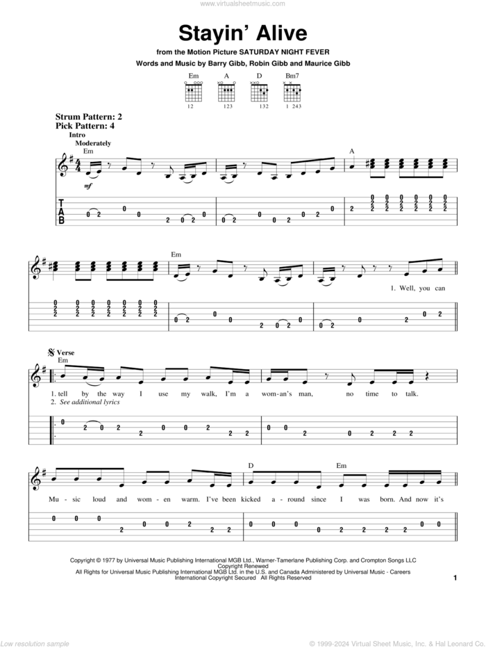 Stayin' Alive sheet music for guitar solo (easy tablature) by Bee Gees, Barry Gibb, Maurice Gibb and Robin Gibb, easy guitar (easy tablature)