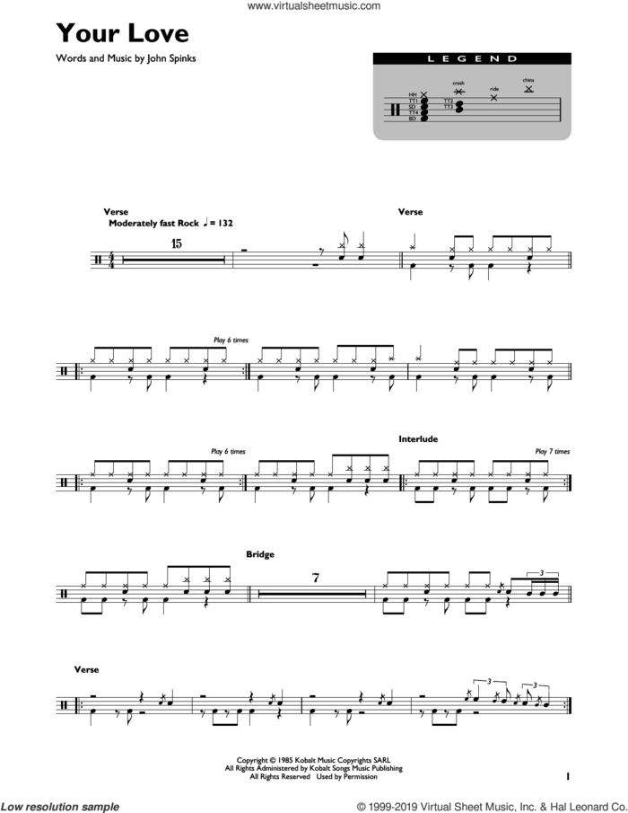 Your Love sheet music for drums (percussions) by The Outfield and John Spinks, intermediate skill level