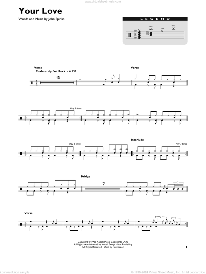 Your Love sheet music for drums (percussions) by The Outfield and John Spinks, intermediate skill level