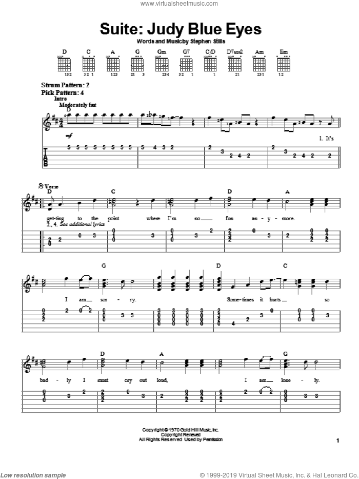 Suite: Judy Blue Eyes sheet music for guitar solo (chords) by Crosby, Stills & Nash and Stephen Stills, easy guitar (chords)