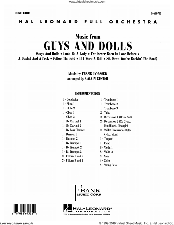Music from Guys and Dolls (arr. Calvin Custer) (complete set of parts) sheet music for full orchestra by Frank Loesser and Calvin Custer, intermediate skill level