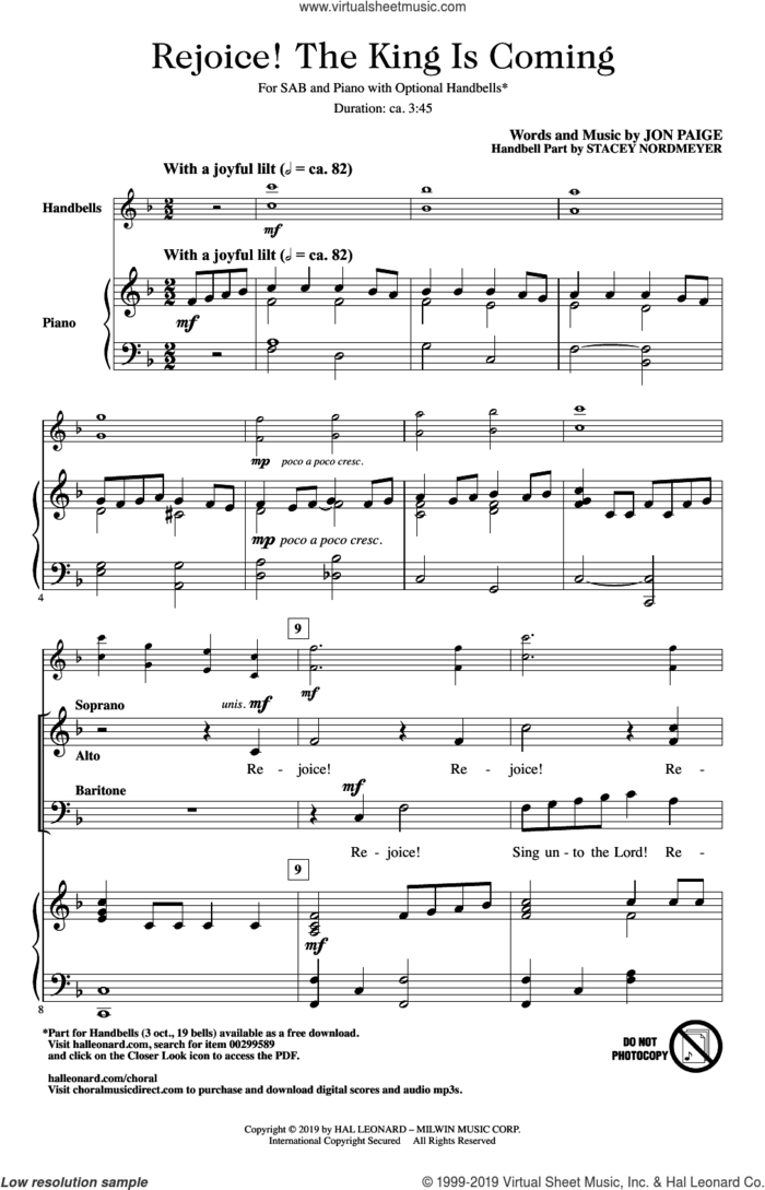 Rejoice! The King Is Coming sheet music for choir (SAB: soprano, alto, bass) by Jon Paige, intermediate skill level