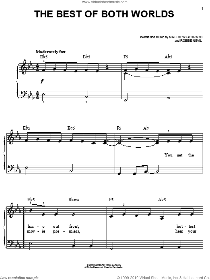 The Best Of Both Worlds sheet music for piano solo by Hannah Montana, Hannah Montana (Movie), Miley Cyrus, Matthew Gerrard and Robbie Nevil, easy skill level
