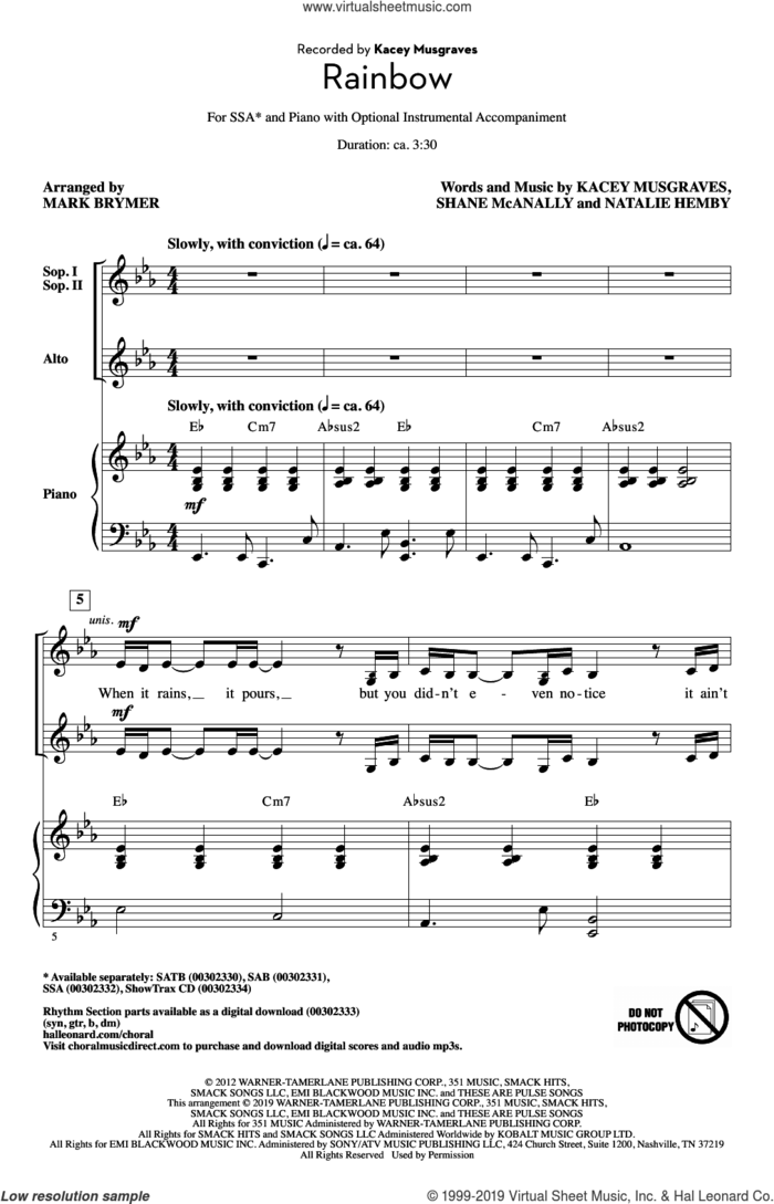 Rainbow (arr. Mark Brymer) sheet music for choir (SSA: soprano, alto) by Kacey Musgraves, Mark Brymer, Natalie Hemby and Shane McAnally, intermediate skill level