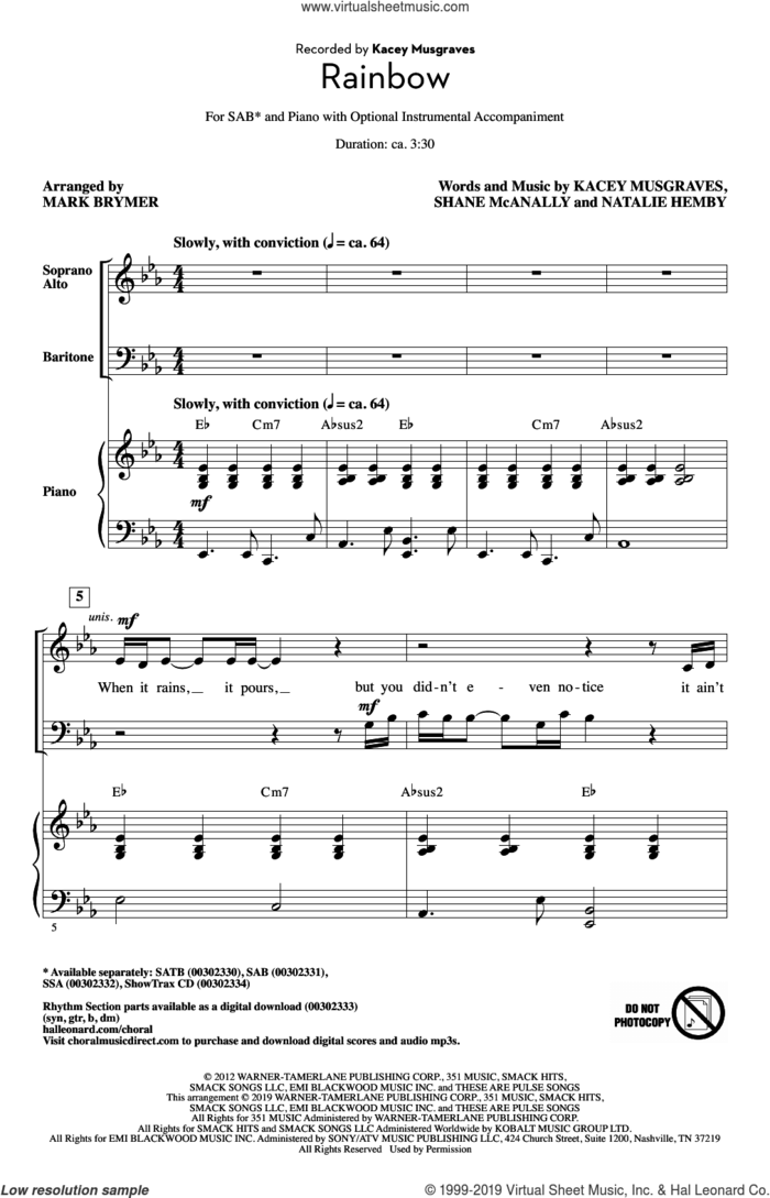 Rainbow (arr. Mark Brymer) sheet music for choir (SAB: soprano, alto, bass) by Kacey Musgraves, Mark Brymer, Natalie Hemby and Shane McAnally, intermediate skill level