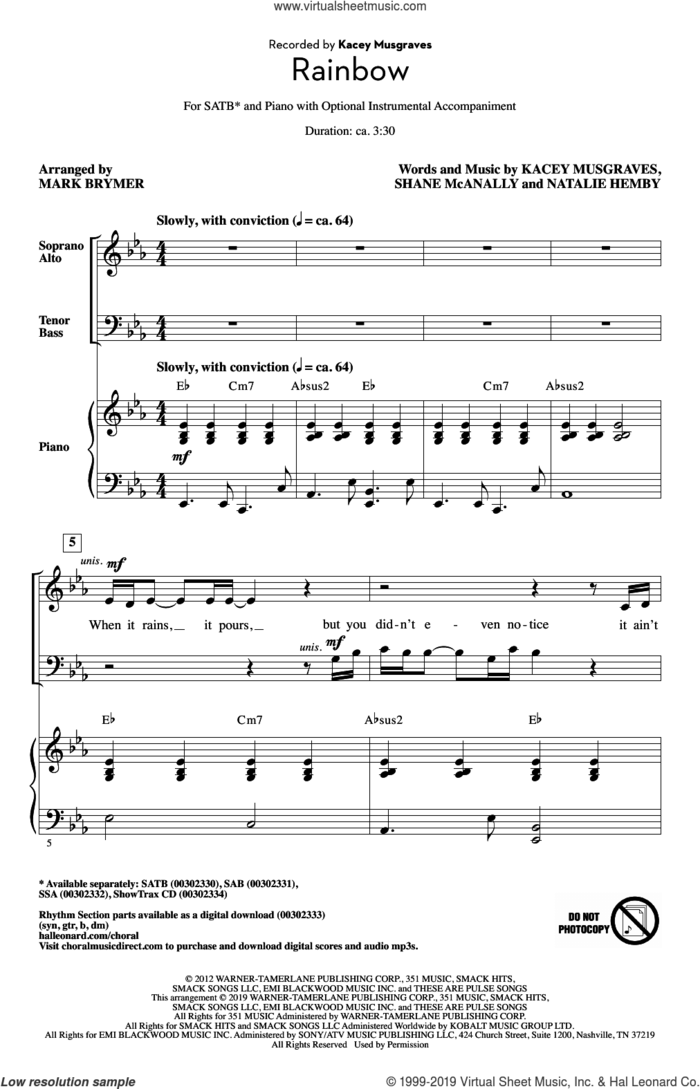 Rainbow (arr. Mark Brymer) sheet music for choir (SATB: soprano, alto, tenor, bass) by Kacey Musgraves, Mark Brymer, Natalie Hemby and Shane McAnally, intermediate skill level