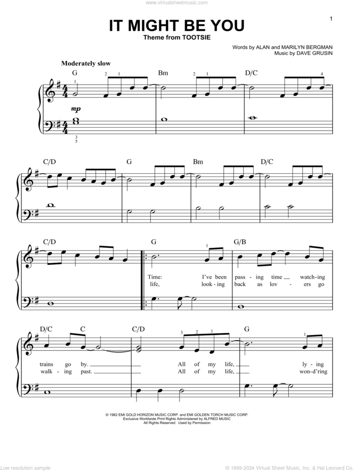 It Might Be You (Theme from Tootsie) sheet music for piano solo by Marilyn Bergman, Alan and Dave Grusin, beginner skill level